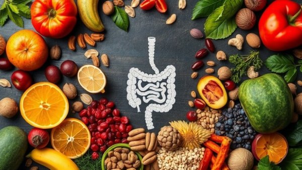 Assortment of healthy foods for modern diets and gut microbiota.