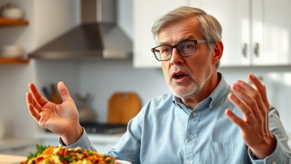 Middle-aged man discussing men's nutrition and vitamin B12 in front of healthy food.