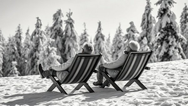 People relaxing in snow, getting enough sunlight in winter.