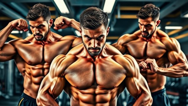 Bodybuilding workout collage by Bill Dobbins, gym setting.