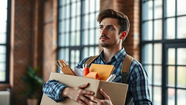 A man after layoff carrying belongings in an office.