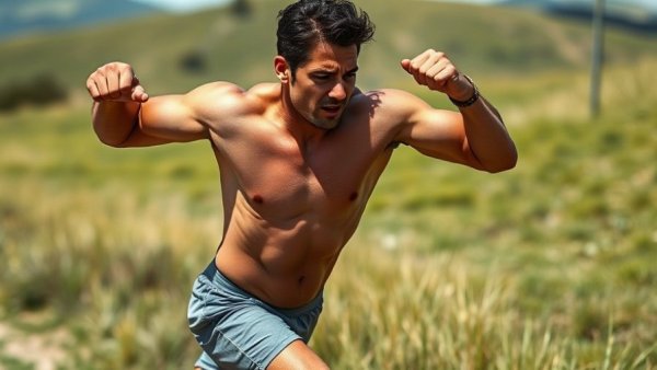 Muscular man flexing and running outdoors showcasing mens fitness.