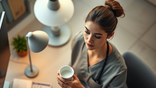 Night shift worker in scrubs at desk, highlighting osteoporosis risk.