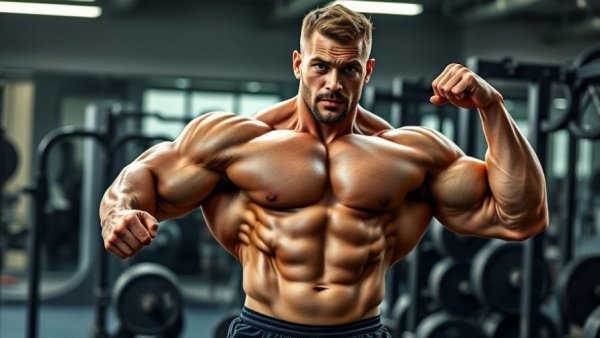 Bodybuilder demonstrating super-lean physique in gym, intense focus.