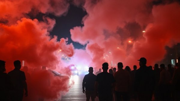 Silhouetted figures during nighttime protest with vibrant smoke and lights.