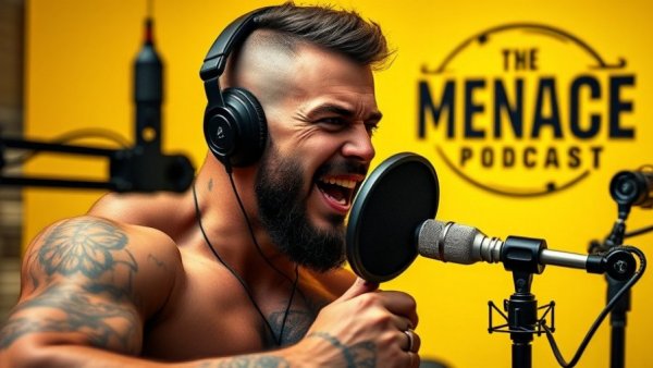 Muscular man hosting The Menace Podcast, discussing arm workout routine.