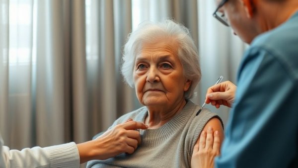 Elderly woman getting a flu shot from a nurse in a clinic setting.