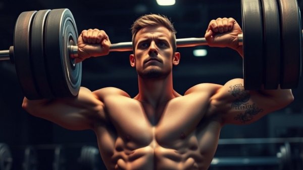 Muscular man doing barbell overhead press at gym.