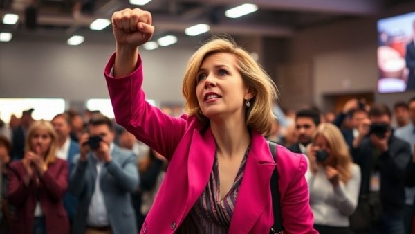 Woman raising fist during Minnesota church protest arrests, indoors.
