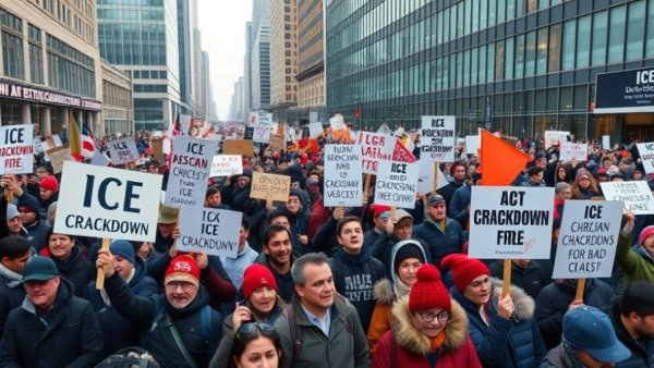 Minnesota protests ICE crackdown, large crowd with signs.
