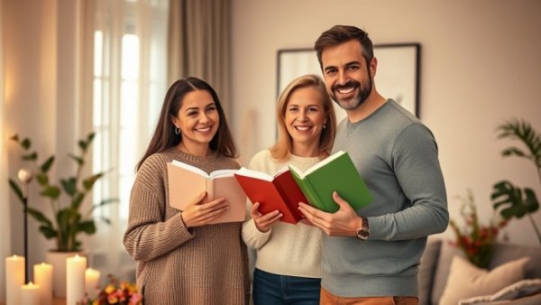 Smiling family holding books in a cozy living room, character development in athletics.