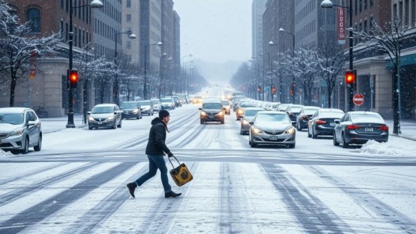 Winter storm impact on travel: Snow-covered city street with pedestrian crossing.