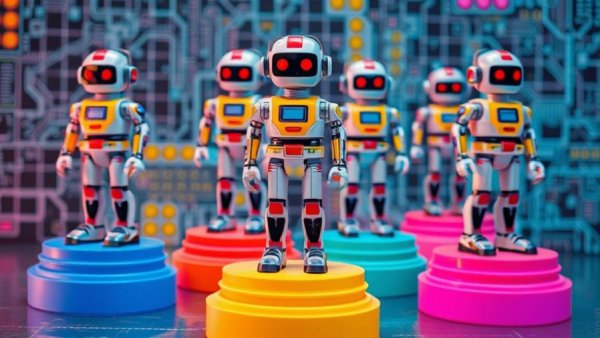 Pattern of retro robots on colorful platforms depicting OpenAI Codex AI coding agent.