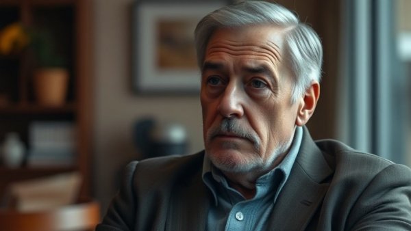 Thoughtful older man with pensive expression contemplating