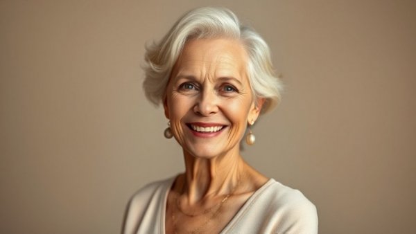 Elegant older woman smiling gracefully, showcasing Catherine O'Hara legacy.