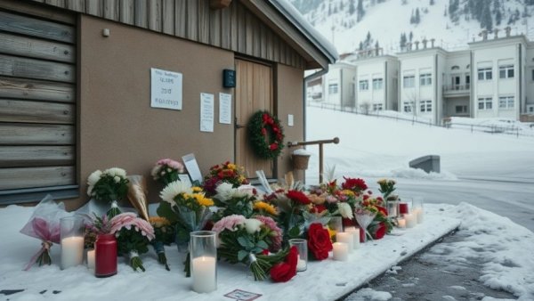 Swiss Alpine bar fire memorial site with flowers and candles.