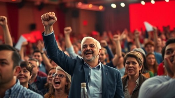 Costa Rica presidential election results celebration with candidate raising fist.