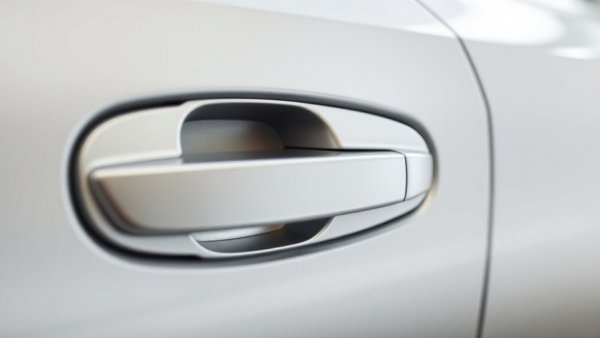 Modern car with sleek hidden door handle in studio setting.
