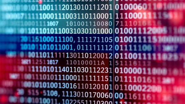 Binary code overlaid with Russian flag representing cybersecurity.