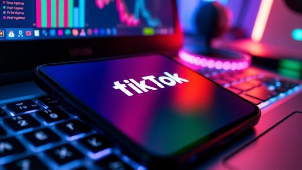 Smartphone with TikTok logo on laptop, colorful lights.