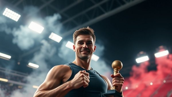Athletic man in stadium showcasing mens fitness with an award.