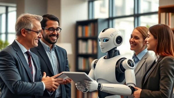 Managing AI Agents: Team with humanoid robot in office.