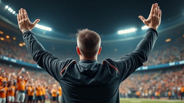 Excited football coach celebrating triumph during NFL Super Bowl records event.