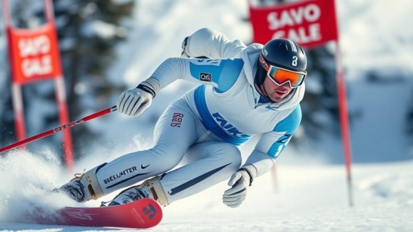 U.S. Olympic athlete skiing in Italy training, downhill action.