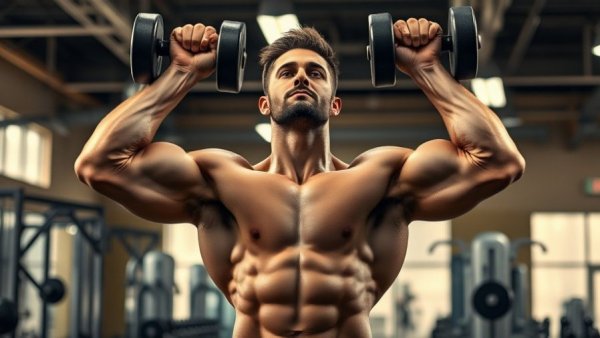 Muscular man in a gym executing an overhead press lockout with dumbbells.