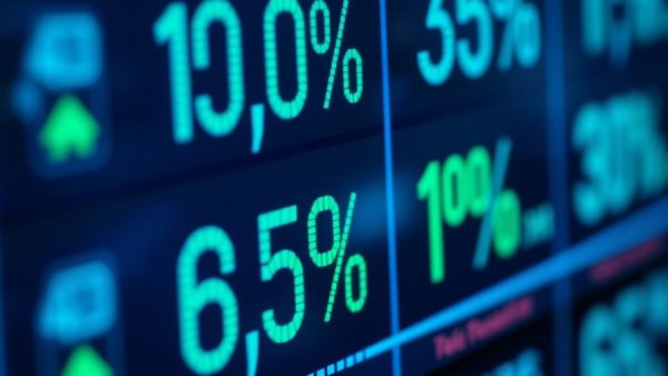 Close-up of a digital financial display with percentages, Alphabet 100-year bonds.