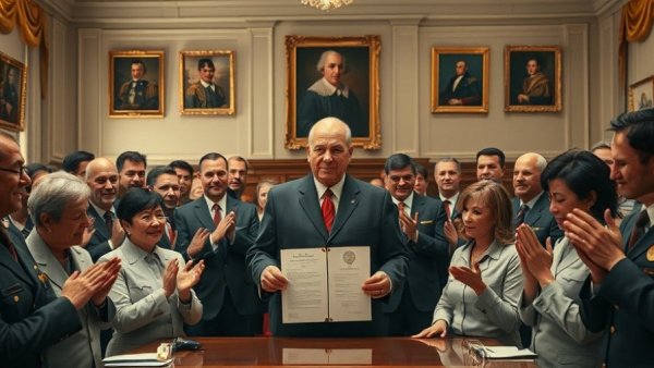 Officials and workers in formal setting with signed document, Revoked Endangerment Finding event.