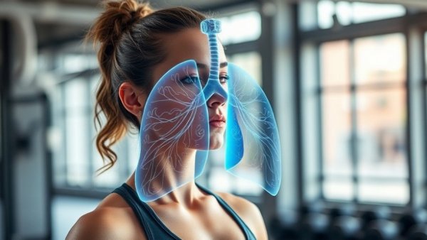 Athletic woman using digital hologram for breathing techniques in gym.