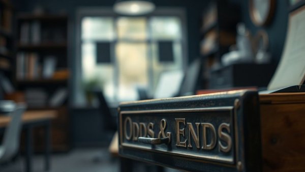 Close-up vintage desk drawer labeled 'Odds & Ends', rustic charm.