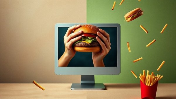 Surreal collage with burger, sandwich, and fries pattern on a textured backdrop.