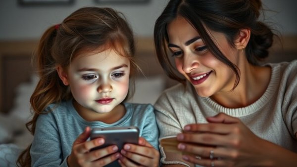 Young girl and mother on bed using digital devices, highlighting social media exposure.
