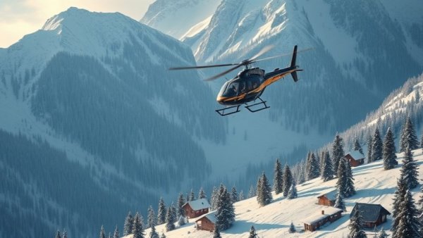 Helicopter over snowy mountains during California avalanche recovery.
