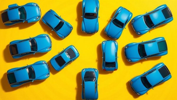 Stylized blue retro cars on a yellow radar wave background, history of autonomous vehicles.