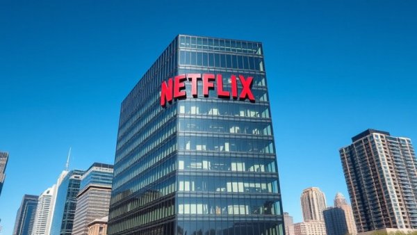 Netflix headquarters with red logo, urban background