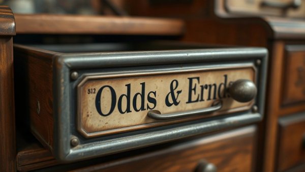 Close-up of vintage drawer labeled 'Odds and Ends', mens personal growth