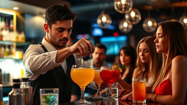 Bartender serving drinks to group, highlighting sober curious movement.