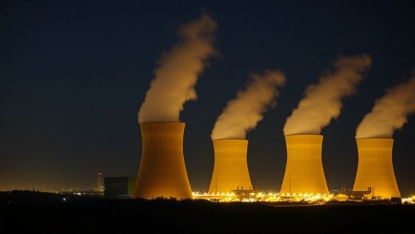 Nuclear plant cooling towers at night, steam emission.