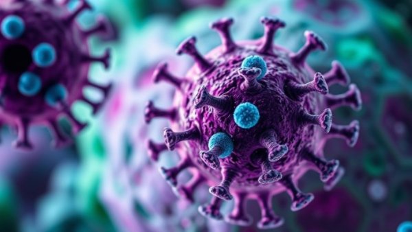 Microscopic view of HIV virus interacting with cell highlighting one-a-day pill for HIV.