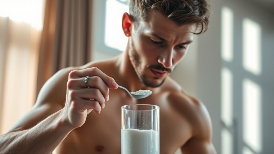 Focused young man mixing creatine for muscle mass increase in a sunlit room.