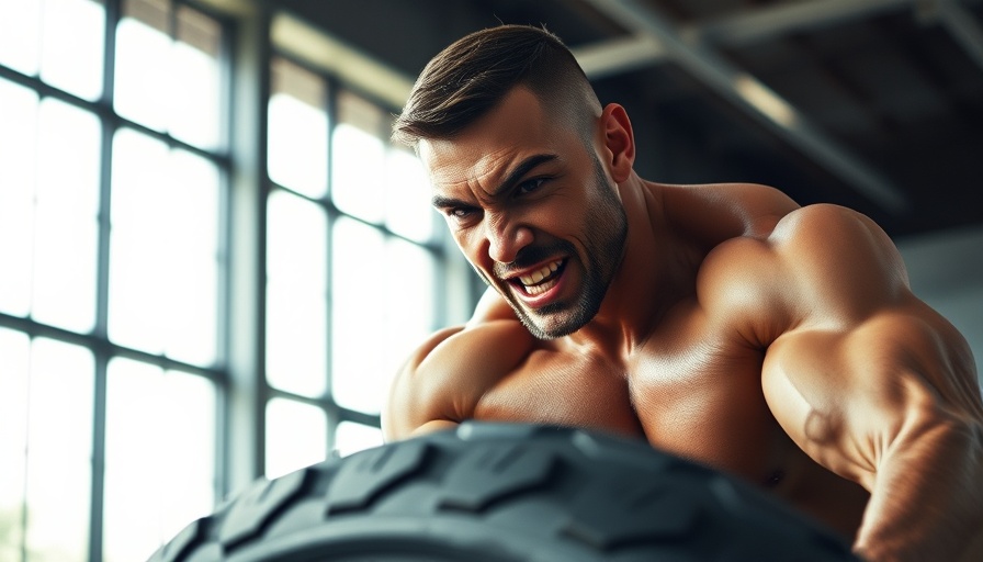 Muscular man flipping a tire with intensity in a sunlit gym, emphasizing how cursing boosts physical performance.