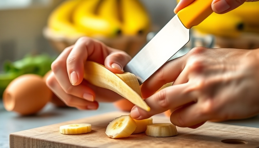 Slicing banana for smoothie, a good choice for what to eat before a run.