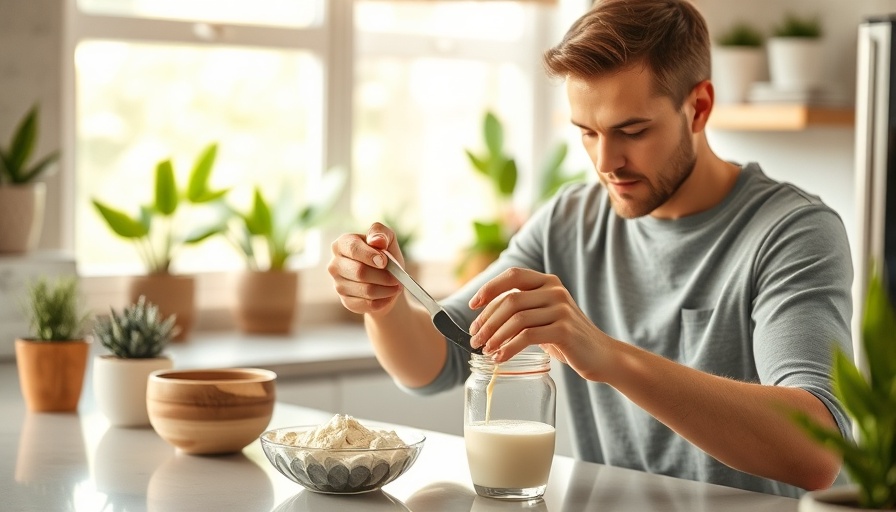 Person preparing protein drink in kitchen, focusing on whey concentrate and isolate.