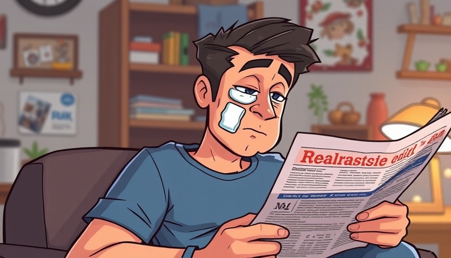 Cartoon man treating black eye with ice pack while reading