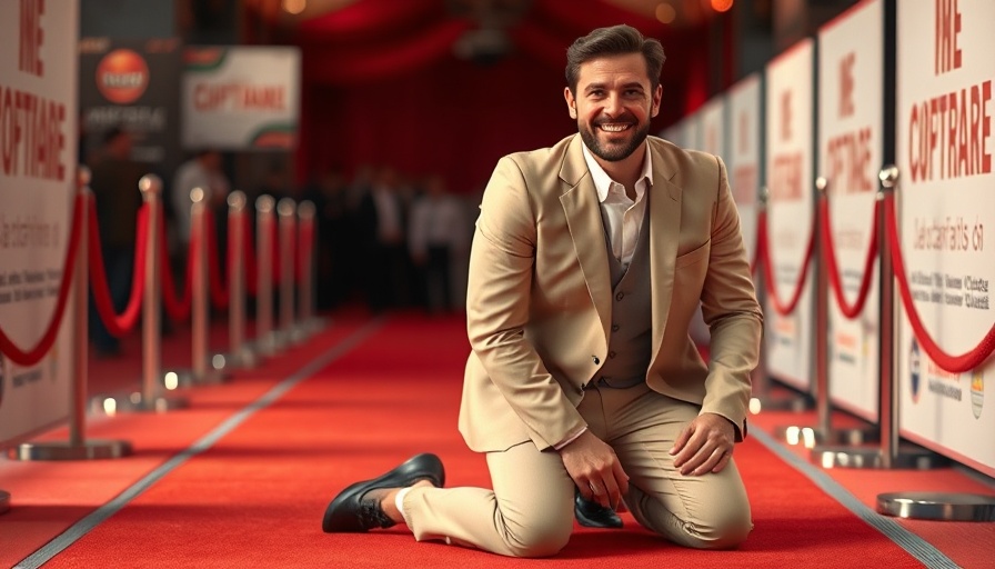 Man kneeling on red carpet, smiling confidently.