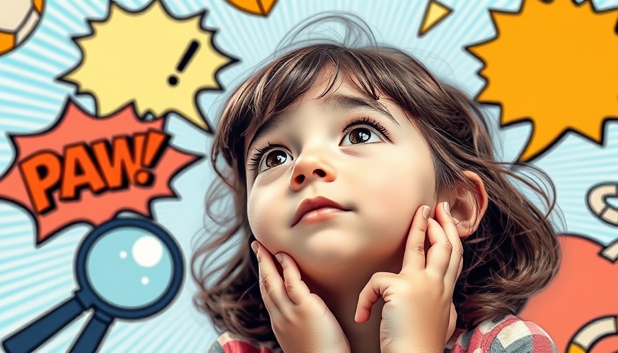 Curious young girl thinking about tricky riddles, playful cartoon elements.