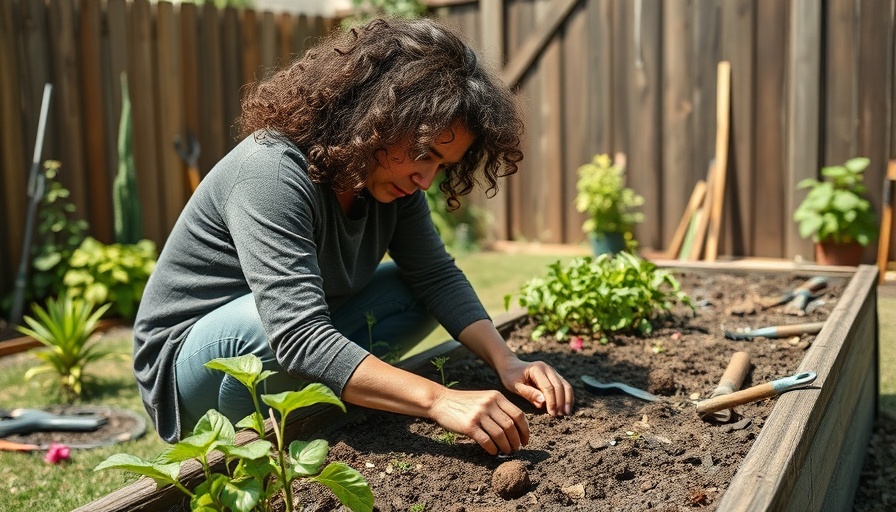 Curly-haired person gardening in a sunny backyard.